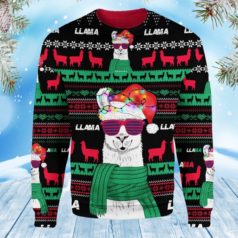 llama-christmas-llama-santa-wear-glasses-sweater-aop-sweater-green-s.jpeg Llama Christmas Llama Santa Wear Glasses Sweater AOP Sweater Green S