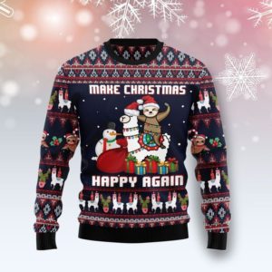 Make Christmas Happy Again Snowman, Sloth, Llama Christmas Sweater AOP Sweater Navy S