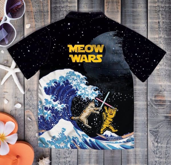 Meow Wars Cats Lightsaber Fight Button Hawaiian Shirt product photo 2