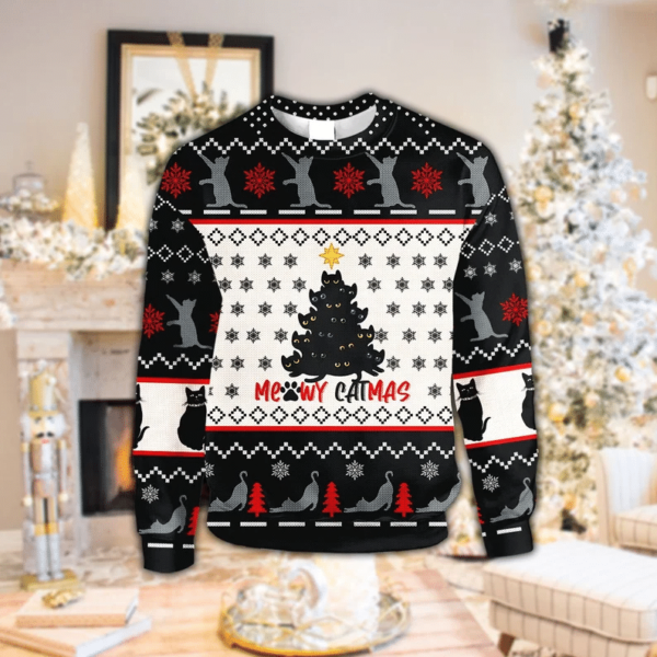 Meowy Catmas Christmas Tree Christmas 3D Sweater AOP Sweater Black S