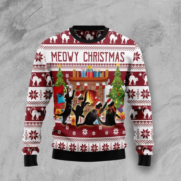 Meowy Christmas Funny Cats Cat Lover Christmas Sweater AOP Sweater Maroon S