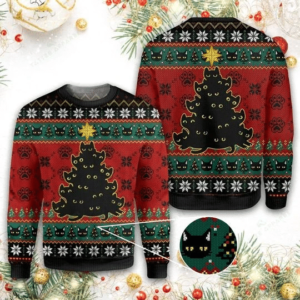 Meowy Christmas Tree Cat Ugly Christmas Sweater AOP Sweater Black S