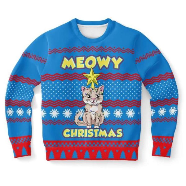 Meowy Christmas Ugly Cat And Stars Christmas Sweater AOP Sweater Blue S