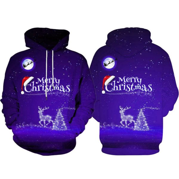 Merry Christmas Reindeer Night Light 3D All Over Print Hoodie 3D Hoodie Blue S