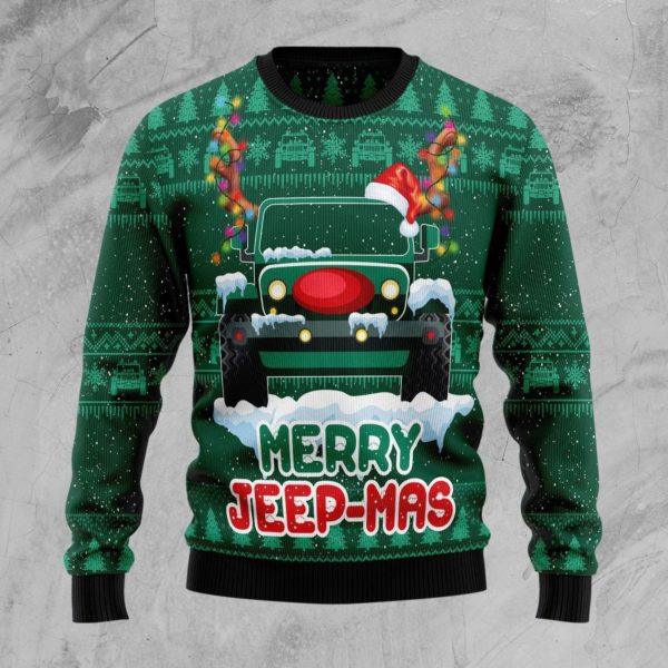 Merry Jeep-Mas Jeep Lover Jeep Reindeer Christmas Sweater AOP Sweater Green S