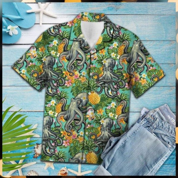 Octopus Tropical Pineapple Fruits Hawaiian Shirt Short Sleeve Hawaiian Shirt White S