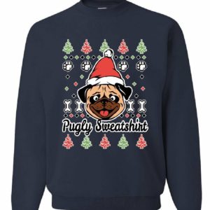 Pug Santa Funny Christmas Sweatshirt Sweatshirt Navy S