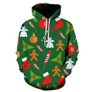 Pullover Hoodie Sweatshirt Snowman Gingerbread And Bauble All Over Print 3D Hoodie 3D Hoodie Green S