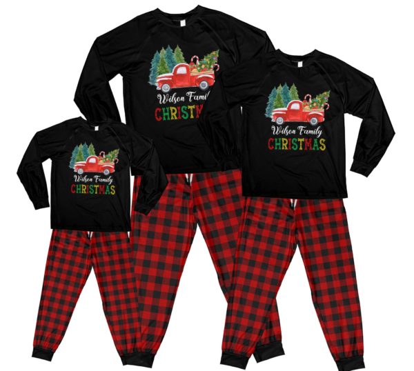 Red Truck Christmas Tree Pajamas Personalized Names Family Christmas Pajamas Set Kid Pajamas Shirt Black 2Y