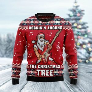 Rockin’ Around The Christmas Tree Funny Santa Christmas Sweater AOP Sweater Red S
