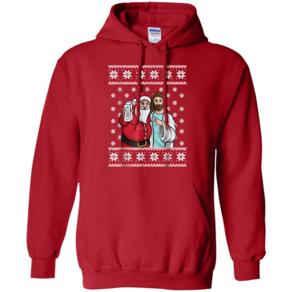 Santa And Jesus Drinking Party Coquito Christmas Shirt Hoodie Red S