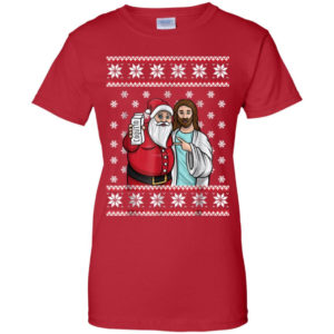 Santa And Jesus Drinking Party Coquito Christmas Shirt Ladies T-Shirt Red S