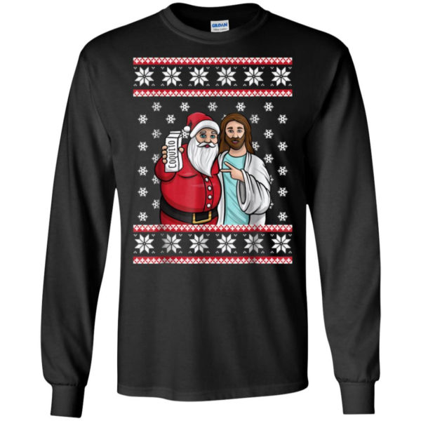 Santa And Jesus Drinking Party Coquito Christmas Shirt Long Sleeve Black S