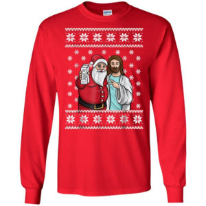Santa And Jesus Drinking Party Coquito Christmas Shirt Long Sleeve Red S