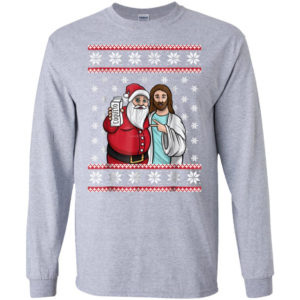 Santa And Jesus Drinking Party Coquito Christmas Shirt Long Sleeve Sport Grey S