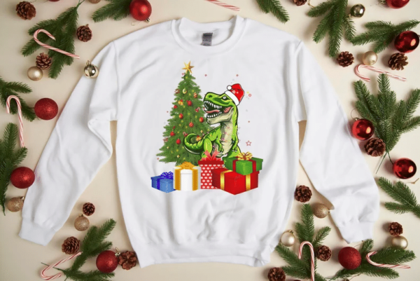 Santa Dinosaur Christmas Tree Gift Holliday Christmas Sweatshirt Sweatshirt White S