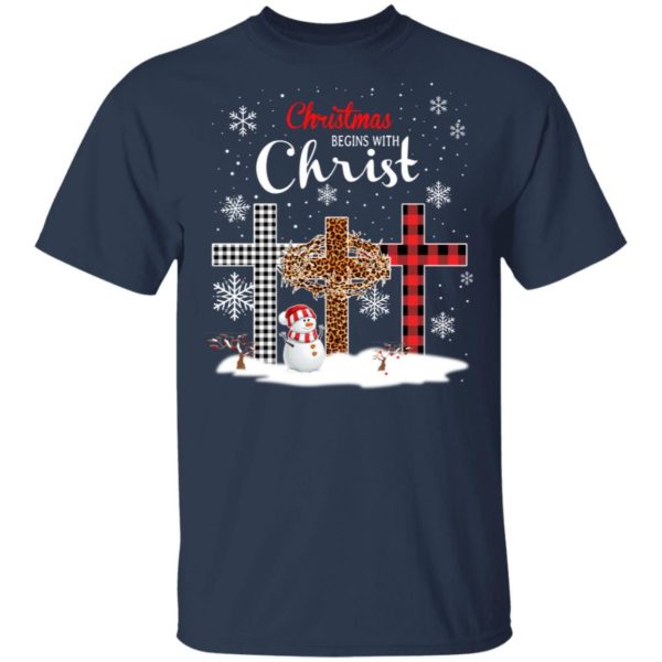 Snowman Christmas Begins With Christ Christmas Shirt Unisex T-Shirt Navy S
