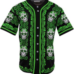 Sugar Skull Pattern Baseball Jersey Green XS