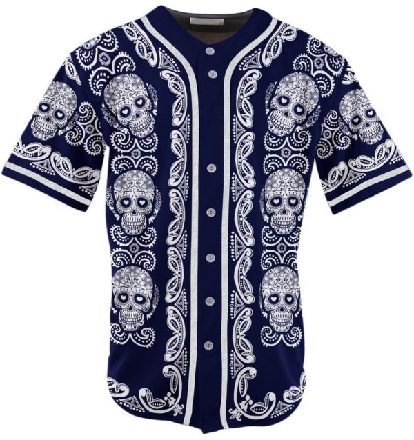 Sugar Skull Pattern Baseball Jersey Navy XS