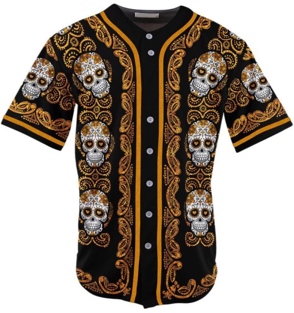 Sugar Skull Pattern Baseball Jersey Orange XS