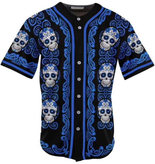 Sugar Skull Pattern Baseball Jersey Royal XS