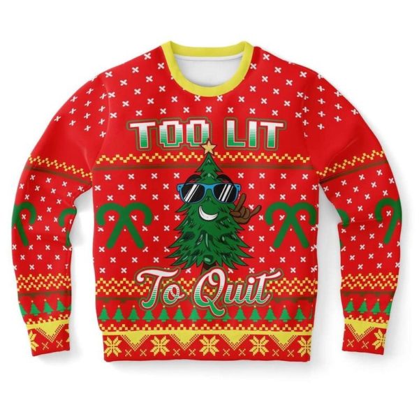 Too Lit To Quit Ugly Christmas Tree Sweater AOP Sweater Red S