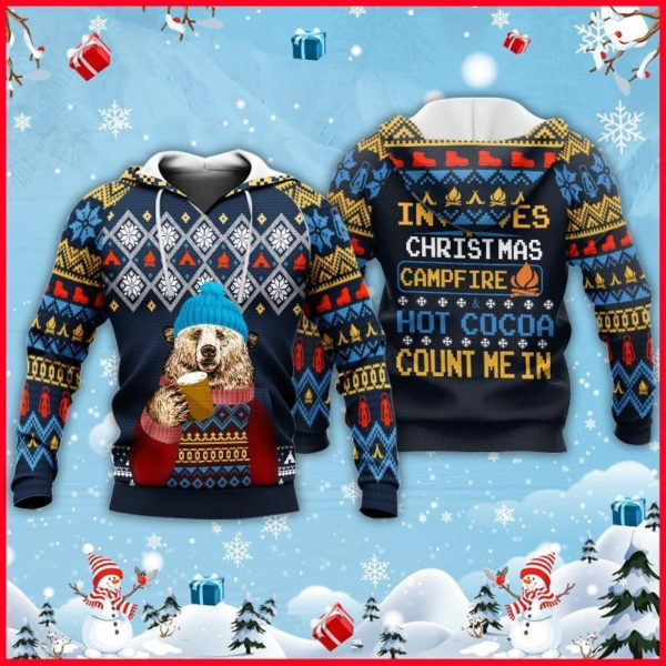 Ugly Bear Campfire & Hot Cocoa Count Me In Christmas Shirt 3D Hoodie Navy S