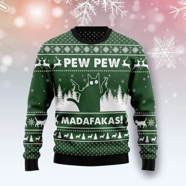 Ugly Cat Pew Pew Madafakas! Christmas Sweater AOP Sweater Green S