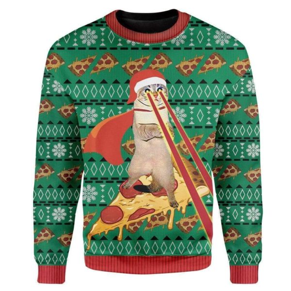 Ugly Cat Superpower Yummy Pizza Christmas 3D Sweater AOP Sweater Green S