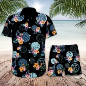 Volleyball Tropical Flower Hawaiian Shirt Short pant Hawaiian Shirt Black S