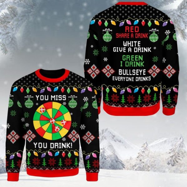 You Miss You Drink Green I Drink Bullseye Everyone Drink Christmas Sweater AOP Sweater Black S