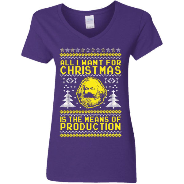 All I Want For Christmas Is The Means Of Production Karl Marx Christmas Sweatshirt Ladies V-Neck T-Shirt Purple S