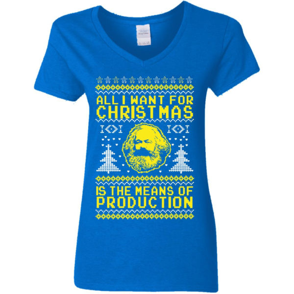 All I Want For Christmas Is The Means Of Production Karl Marx Christmas Sweatshirt Ladies V-Neck T-Shirt Royal S