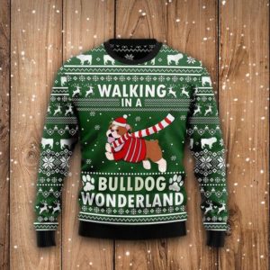Bulldog Lover Walking In A Bulldog Wonderland Christmas Sweater AOP Sweater Green S