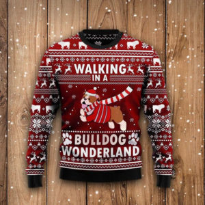 Bulldog Lover Walking In A Bulldog Wonderland Christmas Sweater AOP Sweater Red S