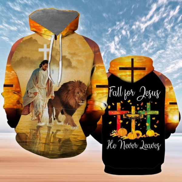 Cross Lion Fall For Jesus He Never Leaves Christmas All Over Print 3D Shirt 3D Hoodie Gold S