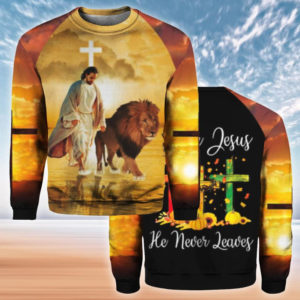 Cross Lion Fall For Jesus He Never Leaves Christmas All Over Print 3D Shirt 3D Sweatshirt Gold S
