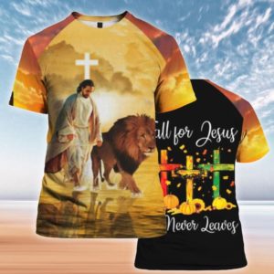Cross Lion Fall For Jesus He Never Leaves Christmas All Over Print 3D Shirt 3D T-Shirt Gold S