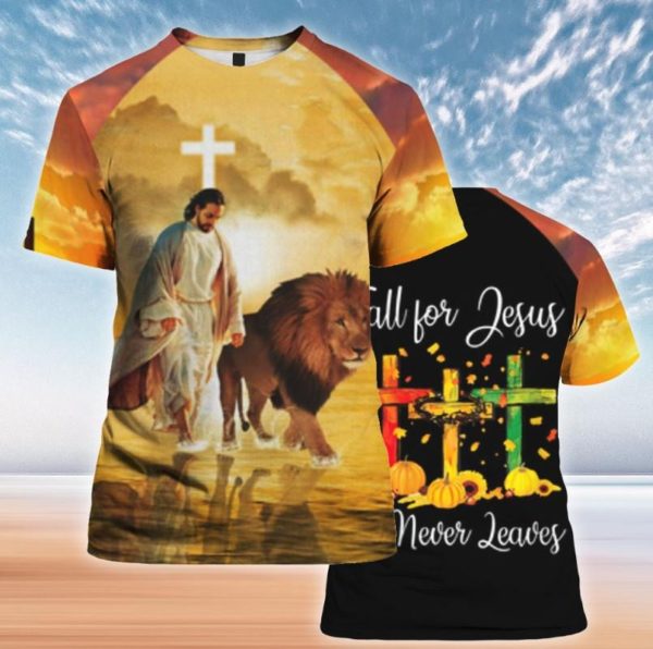 Cross Lion Fall For Jesus He Never Leaves Christmas All Over Print 3D Shirt 3D T-Shirt Gold S