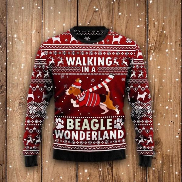 Cute Beagle Walking In A Beagle Wonderland Christmas Sweater AOP Sweater Red S