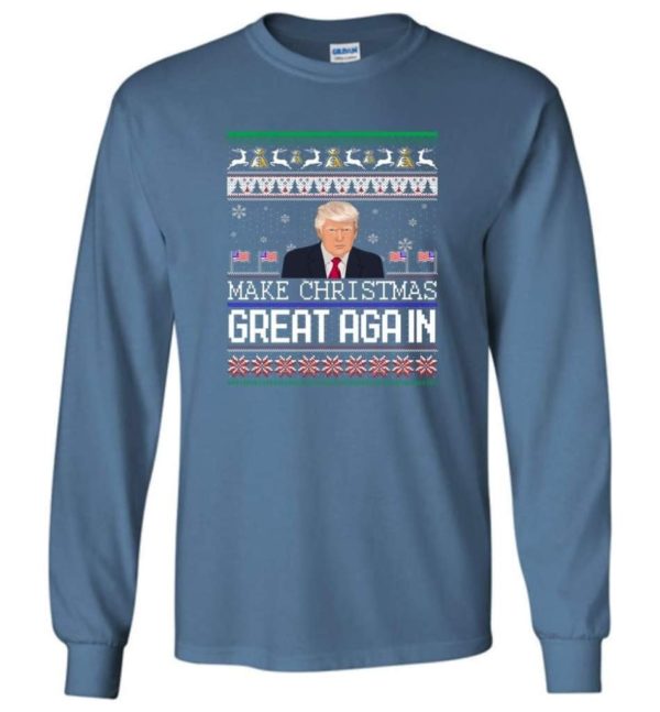 Donald Trump American Flag Make Christmas Great Again Christmas Shirt Long Sleeve Indigo Blue S