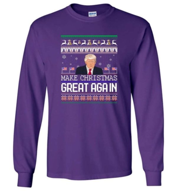 Donald Trump American Flag Make Christmas Great Again Christmas Shirt Long Sleeve Purple S