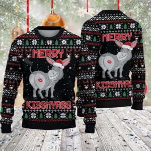 Donkey Merry Kiss My Ass Ugly Christmas 3D Sweater AOP Sweater Black S
