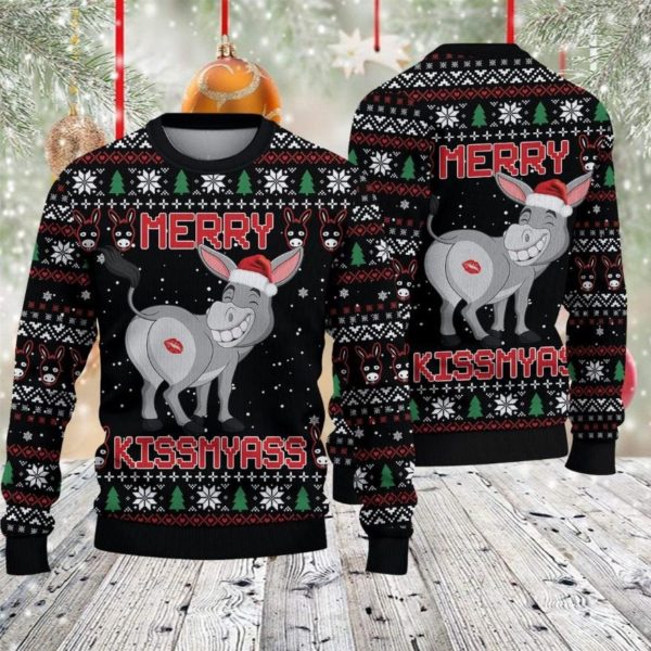 Donkey Merry Kiss My Ass Ugly Christmas 3D Sweater AOP Sweater Black S