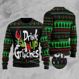 Drink Up Grinches Red Wine Christmas Sweater AOP Sweater Green S