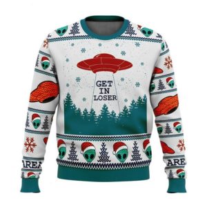 Flying Saucer Get In Loser Alien Santa Christmas Sweater AOP Sweater White S