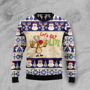 Funny Beer Reindeer Let's Get Lit! Christmas Sweater AOP Sweater Navy Blue S