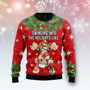Funny Monkey Swinging Into The Holiday Like Monkey Christmas Sweater AOP Sweater Red S