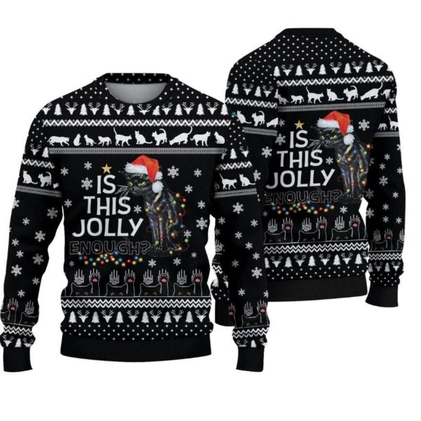 Grumpy Black Cat Is This Jolly Enough? Christmas Sweater AOP Sweater Black S