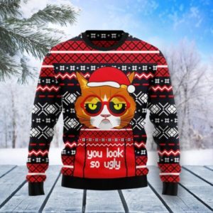 Grumpy Cat You Look So Ugly Christmas Sweater AOP Sweater Red S